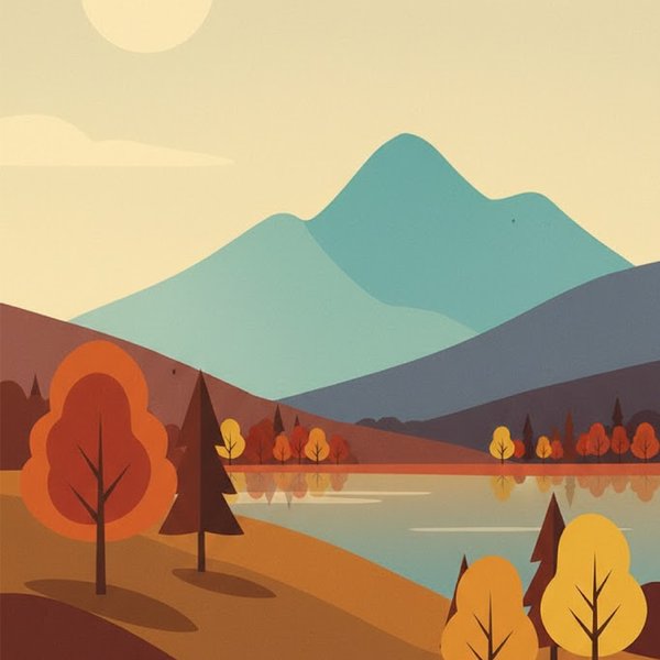 Vector landscape illustration — autumn mountains and lake