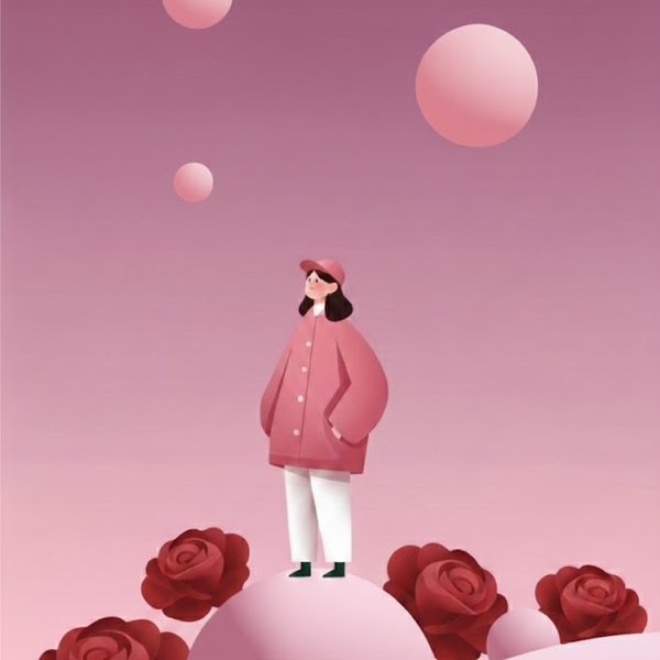 Vector flat illustration — figure standing among roses