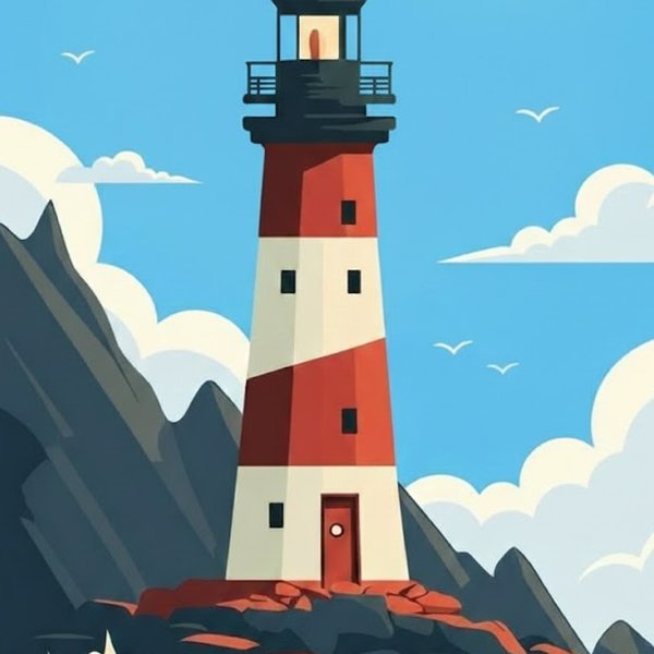 Vector landscape illustration — lighthouse on a cliff