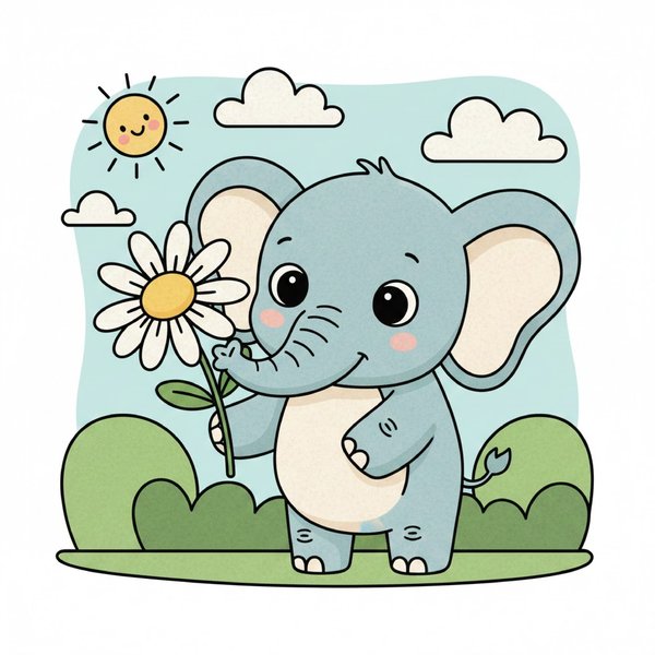 Vector character illustration — cartoon elephant with a daisy