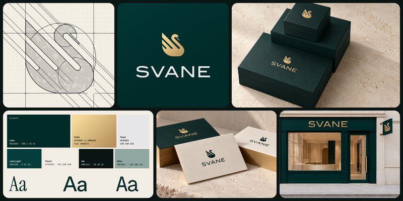 SVANE brand identity: sketch, final logo, colour palette and real-world mockups