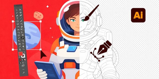 Astronaut illustration, half finished colour art and half vector line work