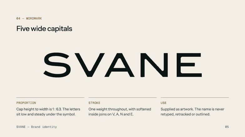 SVANE — wordmark, five wide capitals