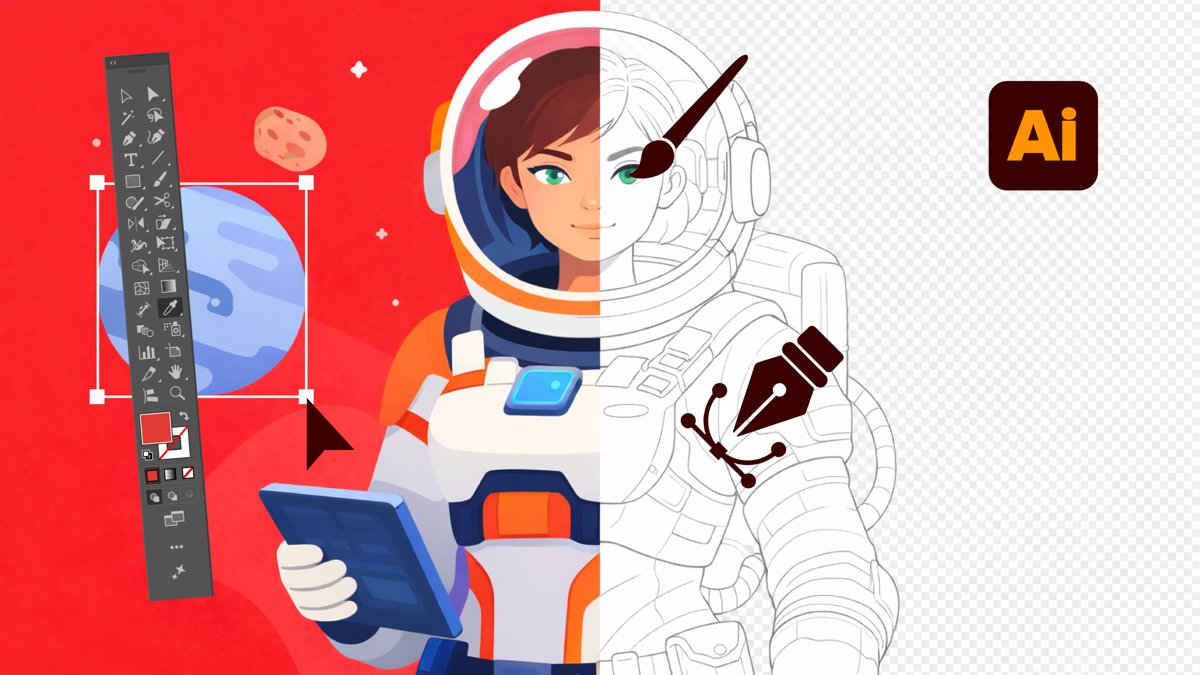 Illustrated astronaut character, half finished color art and half vector line work