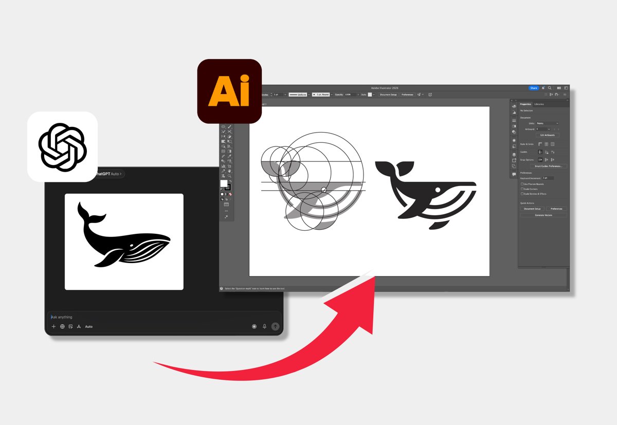 AI-concepted whale logo refined into a final vector mark in Illustrator