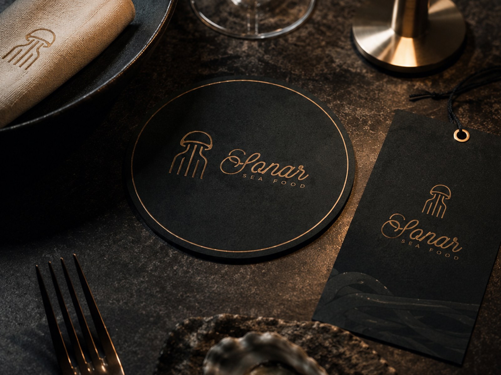 Sonar Sea Food branded coaster and gift tag