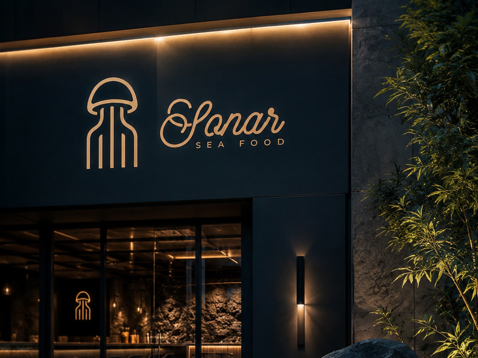 Sonar Sea Food restaurant storefront signage